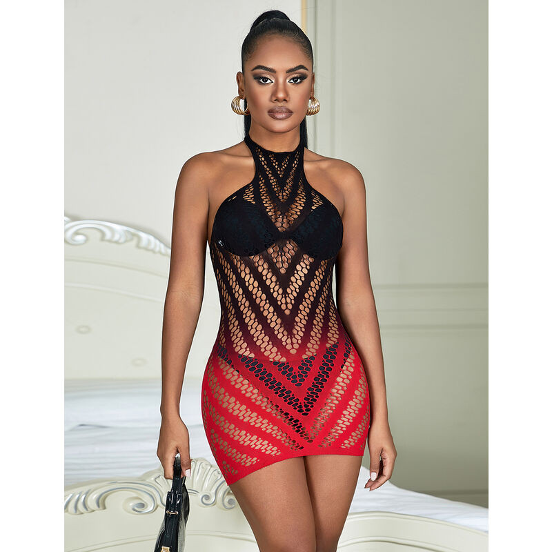 SUBBLIME 952242 VESTIDO DE REJILLA ELASTICO DEGRADADO ROJO Y NEGRO TALLA UNICA