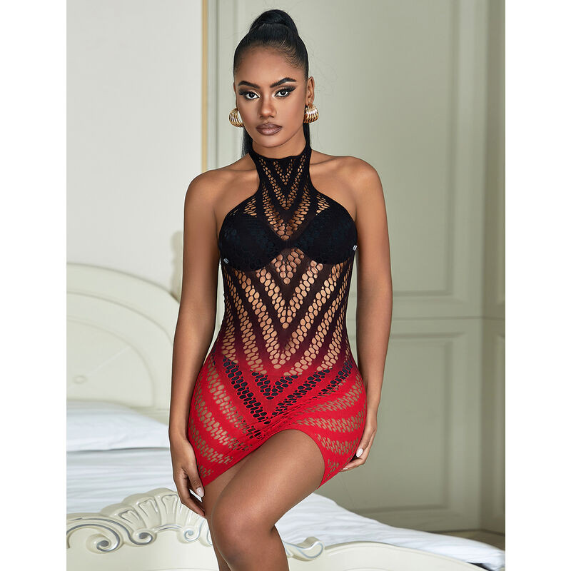 SUBBLIME 952242 VESTIDO DE REJILLA ELASTICO DEGRADADO ROJO Y NEGRO TALLA UNICA