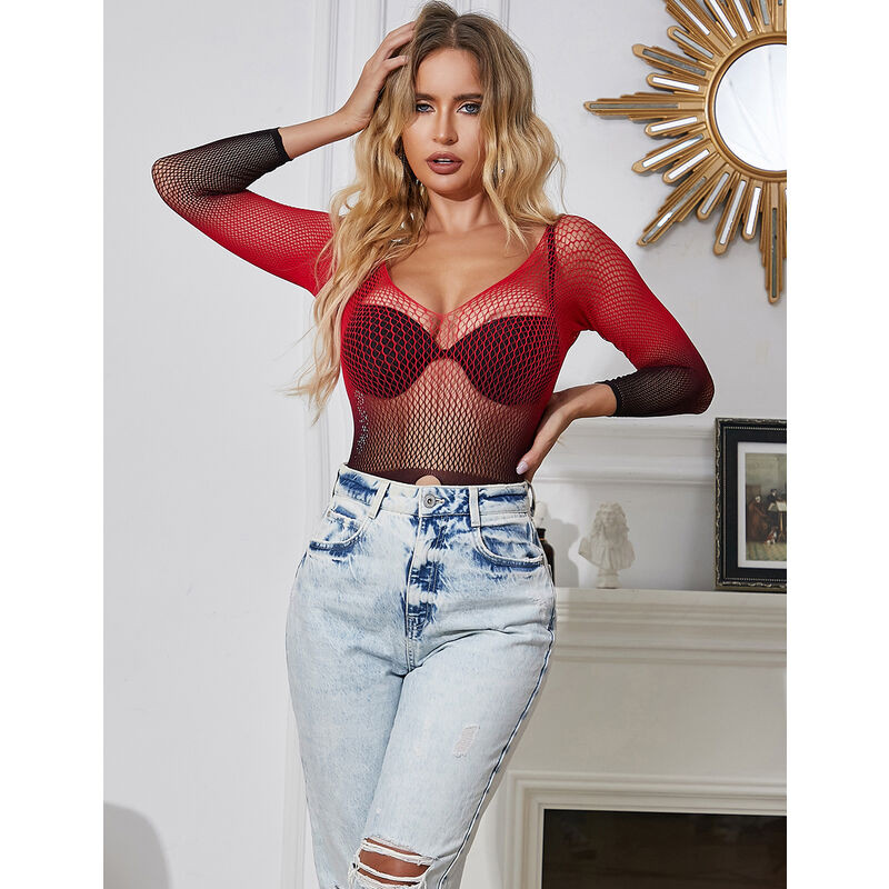 SUBBLIME 952259 VESTIDO DE REJILLA ELASTICO MANGA LARGA DEGRADADO ROJO Y NEGRO TALLA UNICA