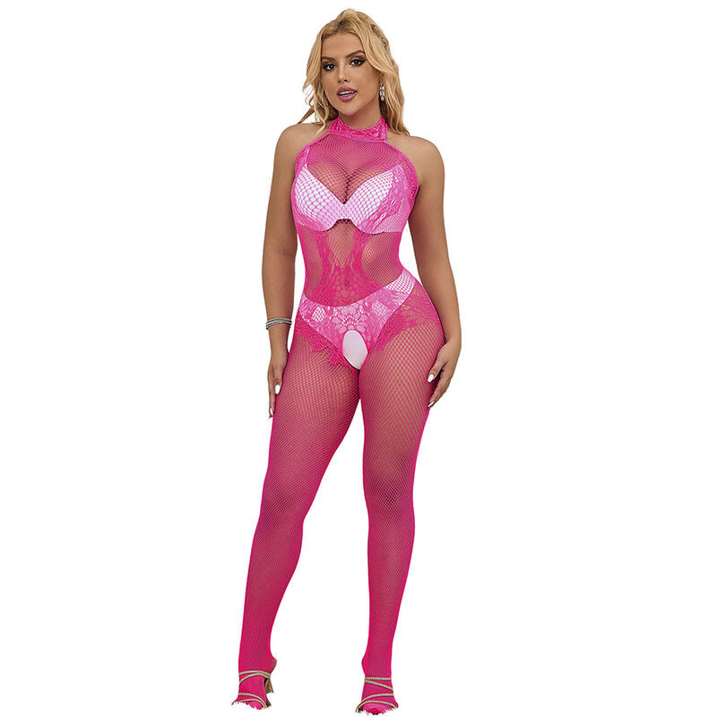 SUBBLIME 952389 BODYSTOCKING CROTCHLESS DE REJILLA Y ENCAJE CON CUELLO ALTO ROSA TALLA UNICA