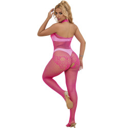 SUBBLIME 952389 BODYSTOCKING CROTCHLESS DE REJILLA Y ENCAJE CON CUELLO ALTO ROSA TALLA UNICA 2