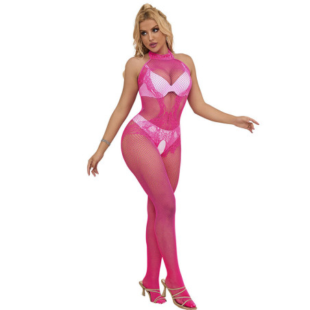 SUBBLIME 952389 BODYSTOCKING CROTCHLESS DE REJILLA Y ENCAJE CON CUELLO ALTO ROSA TALLA UNICA