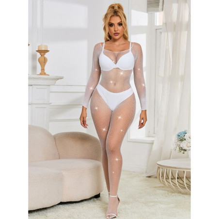 SUBBLIME 952396 BODYSTOCKING DE REJILLA CON DIAMANTES MANGA LARGA BLANCO TALLA UNICA
