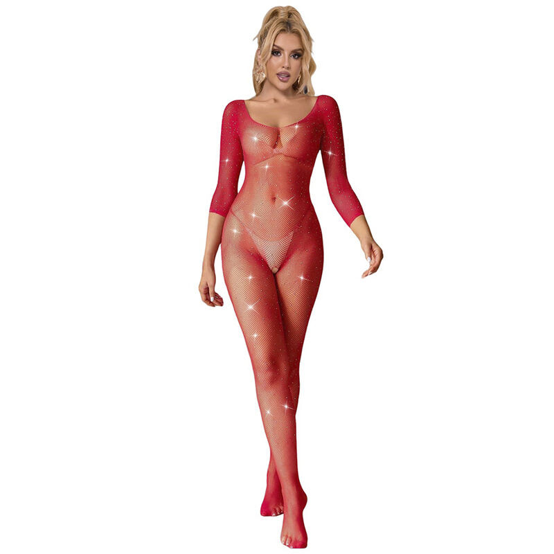 SUBBLIME 952419 BODYSTOCKING DE REJILLA CON DIAMANTES MANGA LARGA ROJO XS M