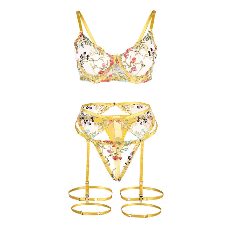 SUBBLIME 954345 SUJETADOR TANGA LIGUEROS DISENO FLORAL AMARILLO S M