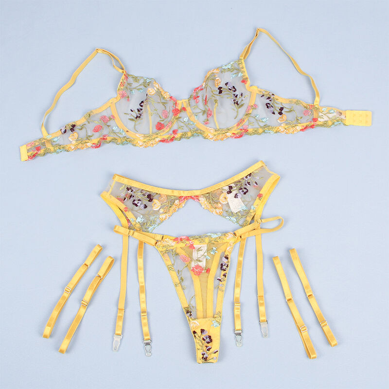 SUBBLIME 954345 SUJETADOR TANGA LIGUEROS DISENO FLORAL AMARILLO S M