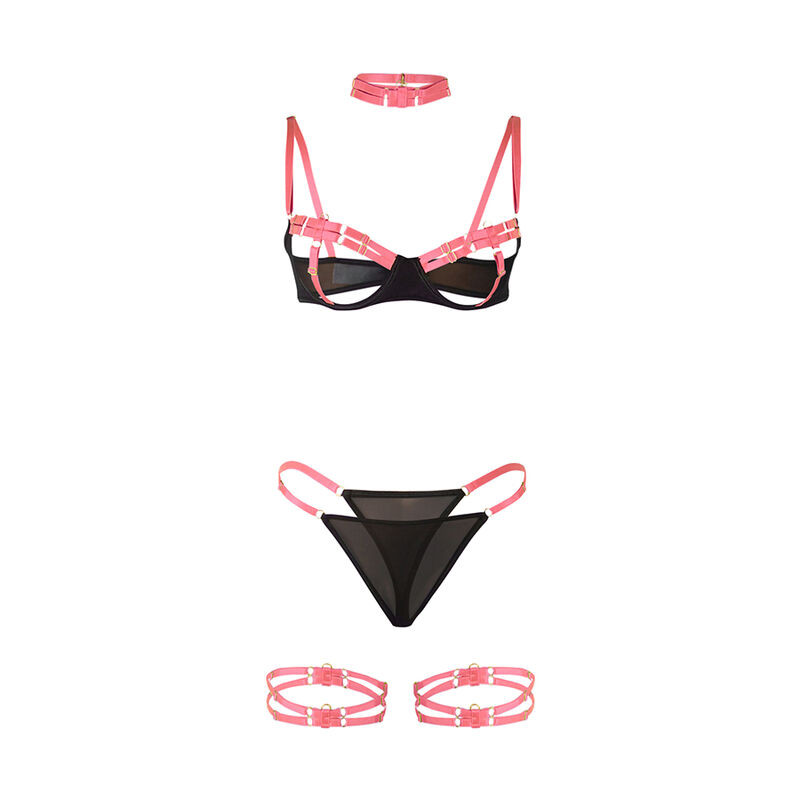 SUBBLIME 955298 SET SUJETADOR CON COLLAR Y DETALLES PARA PIERNAS ROSA FLUORESCENTE S M