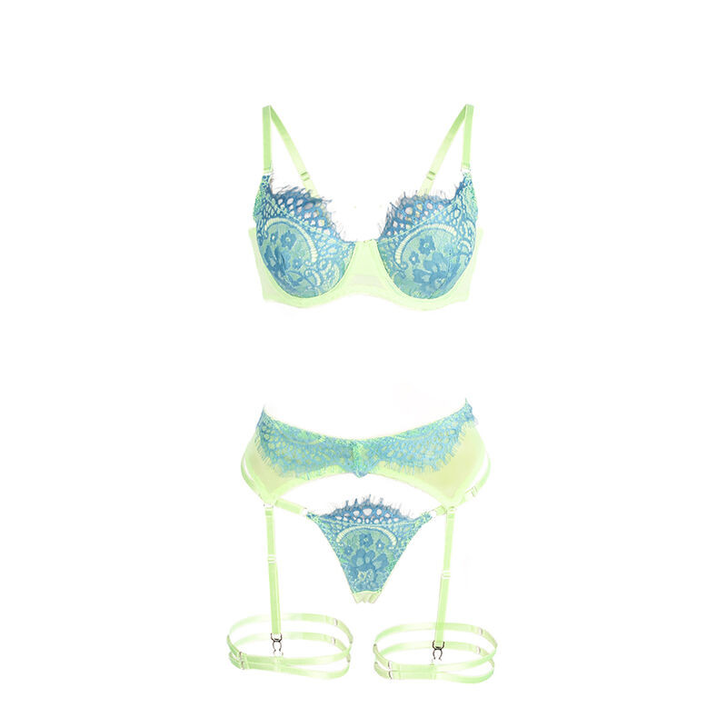 SUBBLIME 955311 SET SUJETADOR CON ENCAJE Y LIGUEROS VERDE Y AZUL S M