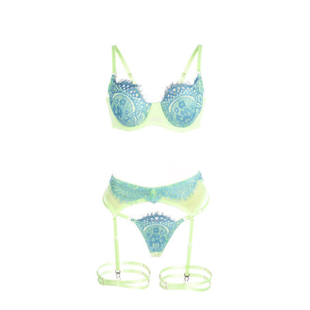 SUBBLIME 955328 SET SUJETADOR CON ENCAJE Y LIGUEROS VERDE Y AZUL L XL