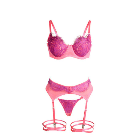 SUBBLIME 955359 SET SUJETADOR CON ENCAJE Y LIGUEROS ROSA Y MORADO S M
