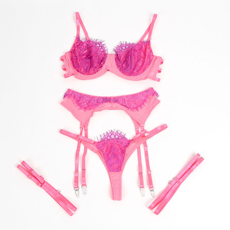 SUBBLIME 955366 SET SUJETADOR CON ENCAJE Y LIGUEROS ROSA Y MORADO L XL