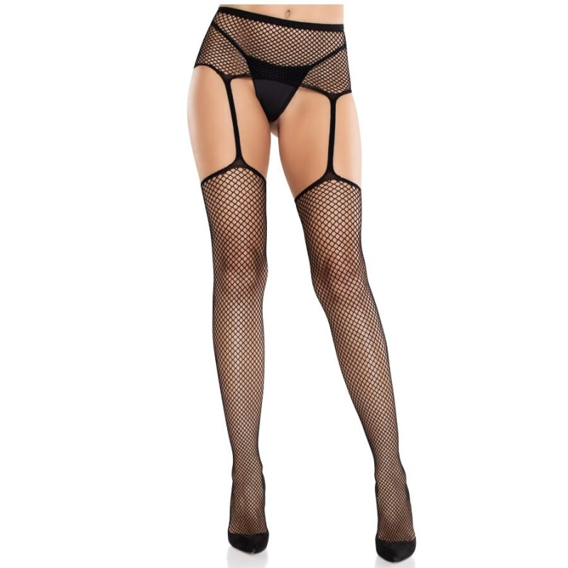 LEG AVENUE MEDIAS DE ENCAJE CON CRUZ Y PORTALIGAS NEGRO