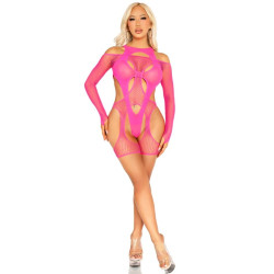 LEG AVENUE BODY DE REJILLA CON LIGA Y ARNES ROSA NEON