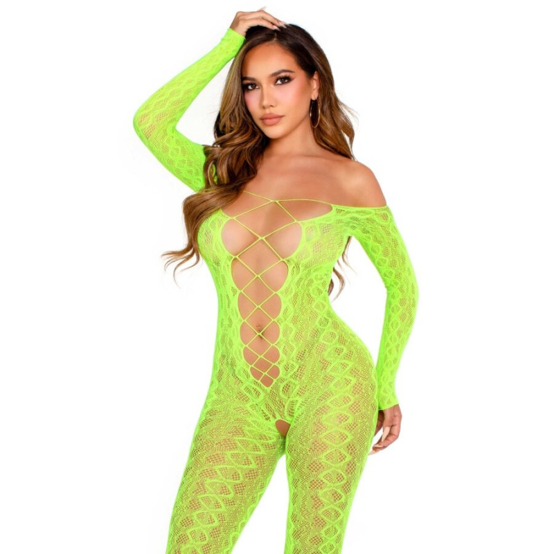 LEG AVENUE BODYSTOCKING SIN ENTREPIERNA DE ENCAJE DE SERPIENTE EXOTICA VERDE NEON