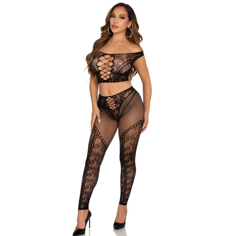 LEG AVENUE CROP TOP Y LEGGING DE REJILLA CON HOMBROS DESCUBIERTOS NEGRO