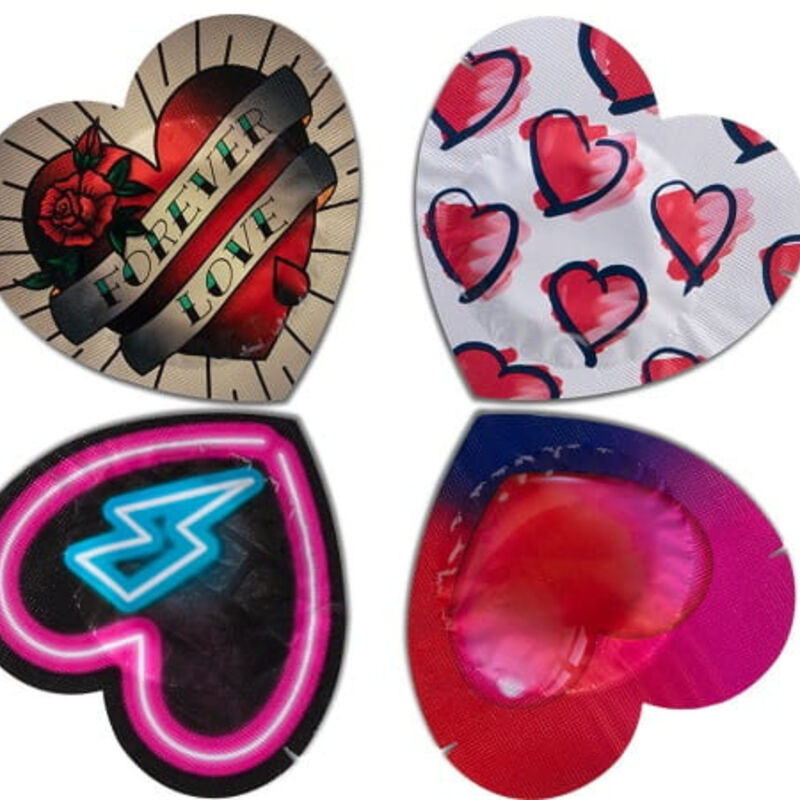 PASANTE PRESERVATIVO ROJO FORMA CORAZON BOLSA 144 UNIDADES