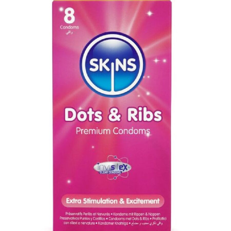 SKINS DOTS RIBS PRESERVATIVOS PREMIUM PACK 8