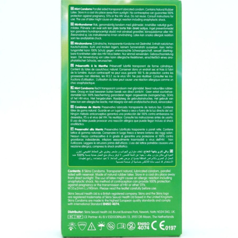 SKINS PRESERVATIVOS PREMIUM SABOR MENTA PACK 8