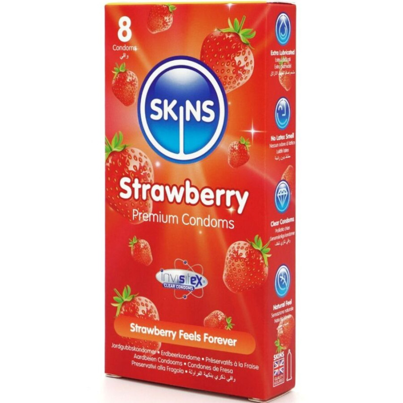 SKINS PRESERVATIVOS PREMIUM SABOR FRESA PACK 8