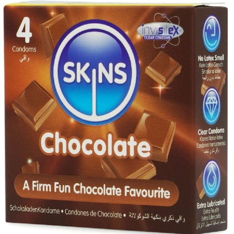 SKINS PRESERVATIVOS PREMIUM SABOR CHOCOLATE PACK 4