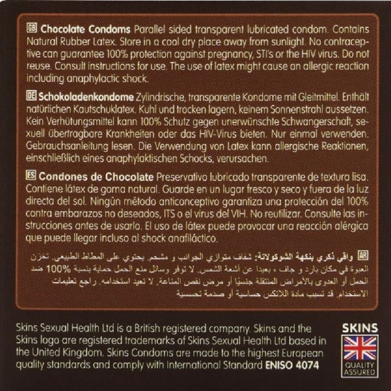 SKINS PRESERVATIVOS PREMIUM SABOR CHOCOLATE PACK 4