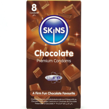 SKINS PRESERVATIVOS PREMIUM SABOR CHOCOLATE PACK 8