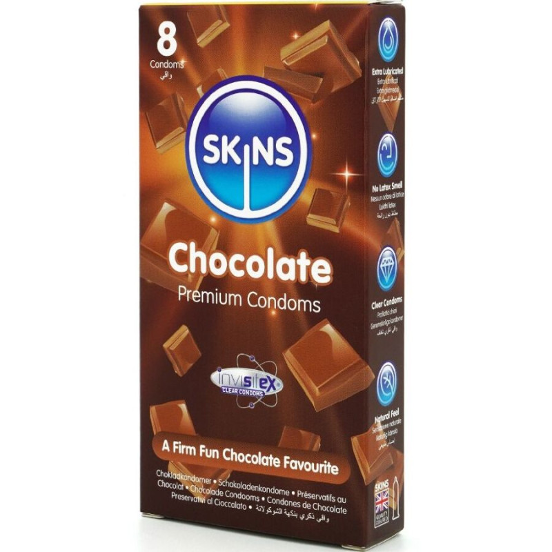 SKINS PRESERVATIVOS PREMIUM SABOR CHOCOLATE PACK 8