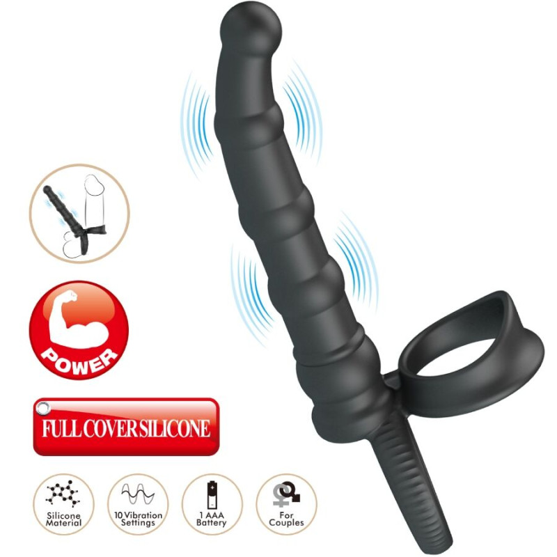 PRETTY LOVE TATUM ANILLO VIBRADOR PENE CON PLUG 10 VIBRACIONES NEGRO
