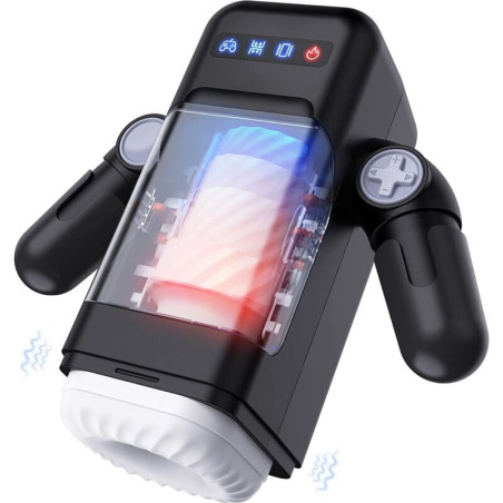 GAME CUP MASTURBADOR MASCULINO CON VIBRACION Y FUNCION CALOR CON SOPORTE PARA MOVILES NEGRO