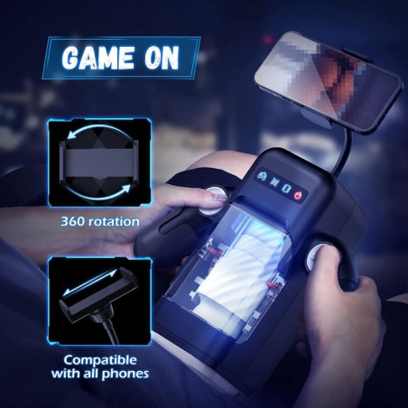 GAME CUP MASTURBADOR MASCULINO CON VIBRACION Y FUNCION CALOR CON SOPORTE PARA MOVILES NEGRO