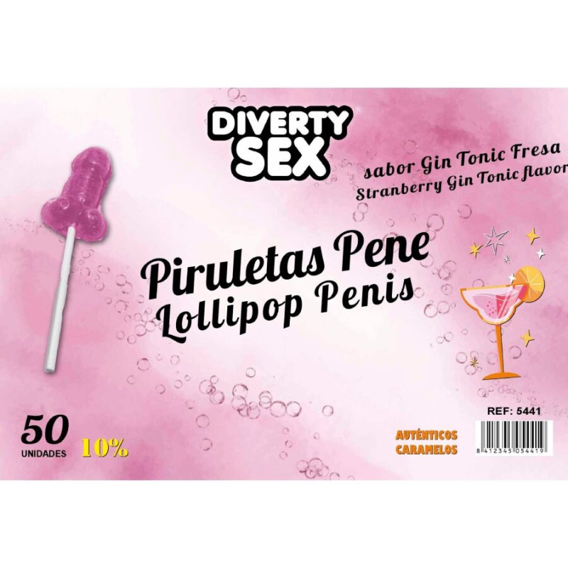 DIABLO GOLOSO 50 PIRULETAS PENE GIN TONIC FRESA 10 ALCOHOL