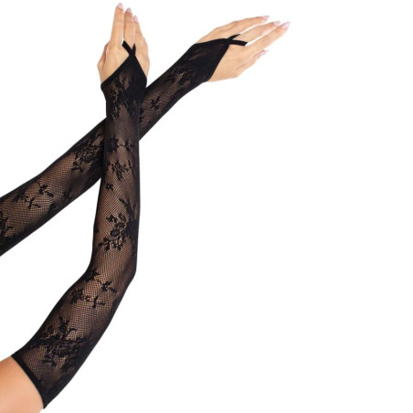 LEG AVENUE GUANTES EXTRALARGOS CALIENTABRAZOS DE ENCAJE FLORAL NEGRO