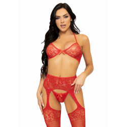LEG AVENUE SET TRES PIEZAS SUJETADOR TANGA Y MEDIAS TALLA UNICA ROJO