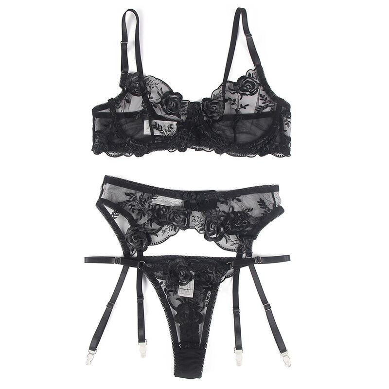 SUBBLIME SET DE 3 PIEZAS SUJETADOR TANGA LIGA ESTAMPADO FLORAL NEGRO L XL