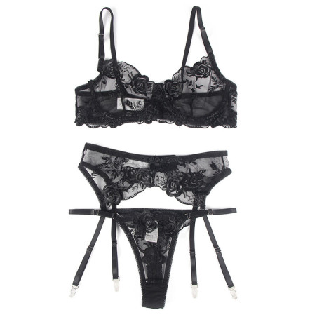 SUBBLIME SET DE 3 PIEZAS SUJETADOR TANGA LIGA ESTAMPADO FLORAL NEGRO L XL
