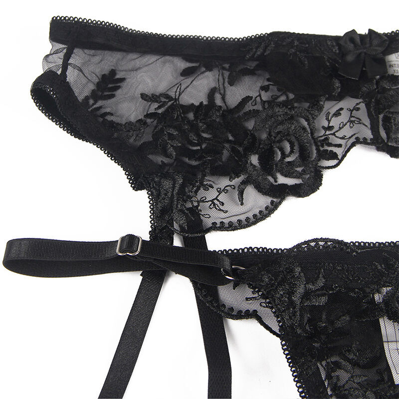 SUBBLIME SET DE 3 PIEZAS SUJETADOR TANGA LIGA ESTAMPADO FLORAL NEGRO L XL