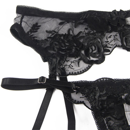 SUBBLIME SET DE 3 PIEZAS SUJETADOR TANGA LIGA ESTAMPADO FLORAL NEGRO L XL