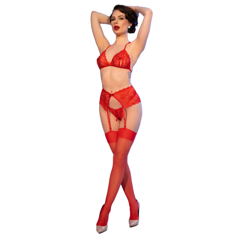 CHILIROSE CR 4848 SET SUJETADOR TANGA MEDIAS DE ENCAJE ROJO M