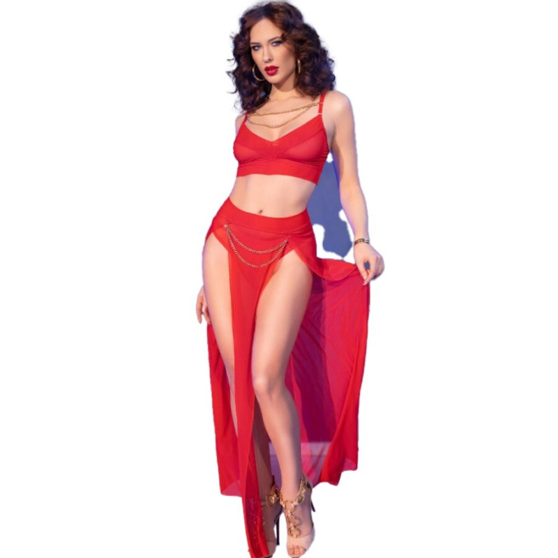 CHILIROSE CR 4850 SET TOP ROJO Y LEGGINS CON COMPLEMENTOS DORADOS L