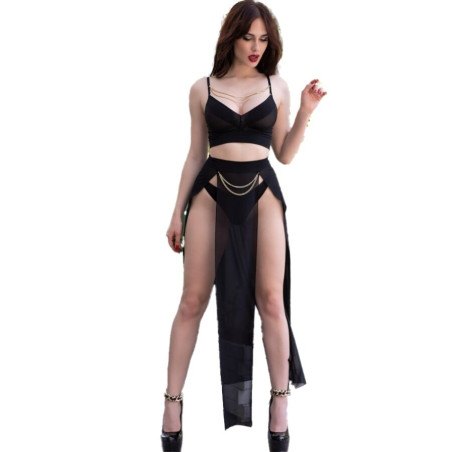 CHILIROSE CR 4672 TOP NEGRO FALDA Y TANGA CON CADENAS DORADAS S