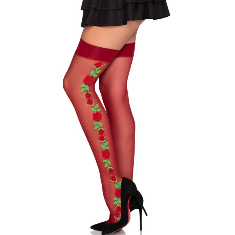 LEG AVENUE 1957 MEDIAS DE LIGUERO CON FLORES ROJAS TALLA UNICA