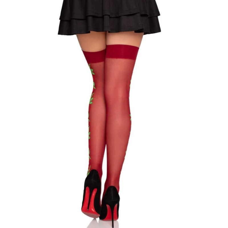 LEG AVENUE 1957 MEDIAS DE LIGUERO CON FLORES ROJAS TALLA UNICA