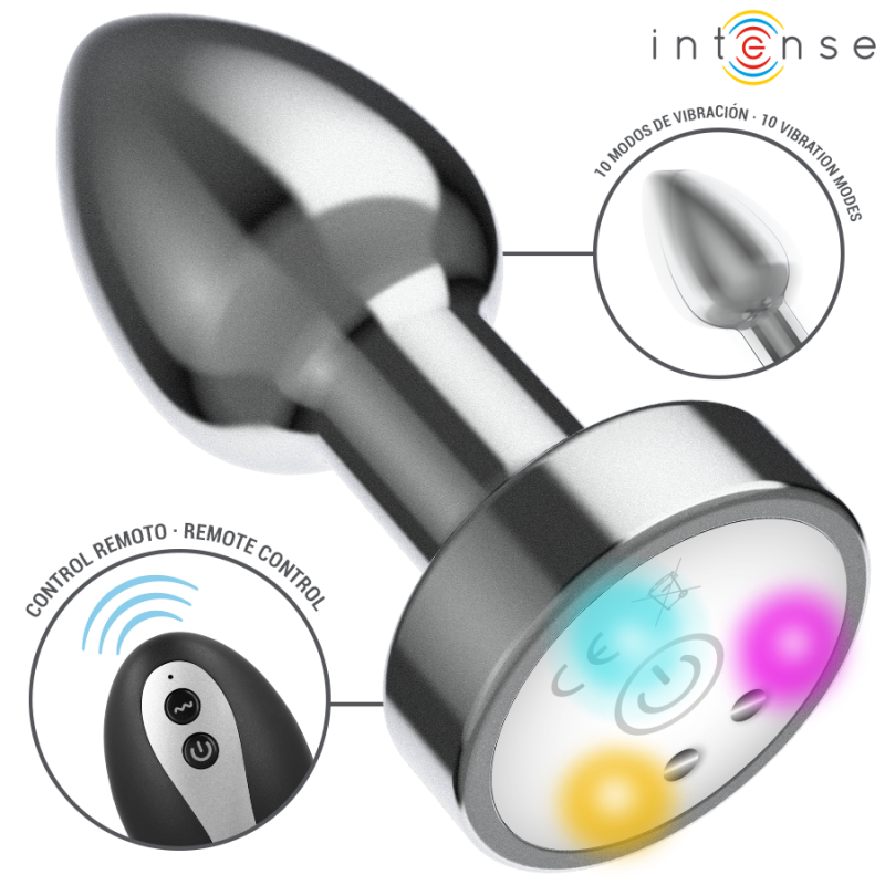 INTENSE PLUG ANAL TALLA S DE METAL VIBRADOR CON LUCES LED MULTICOLOR Y CONTROL REMOTO