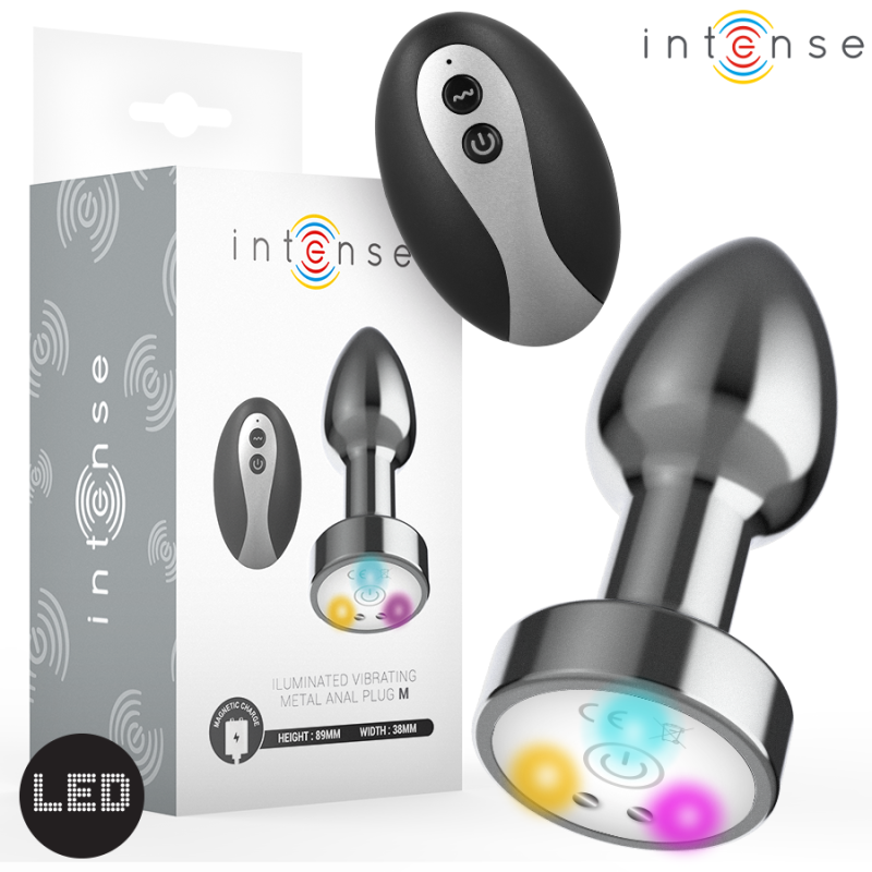 INTENSE PLUG ANAL TALLA M DE METAL VIBRADOR CON LUCES LED MULTICOLOR Y CONTROL REMOTO