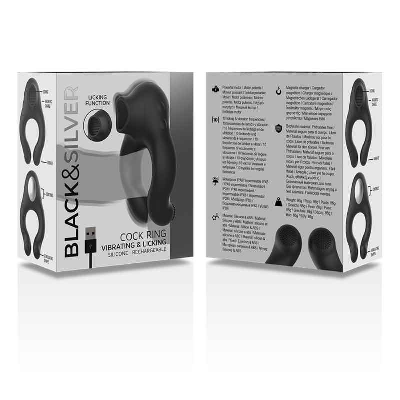 BLACKSILVER ANILLO VIBRADOR SILICONA 3 MOTORES RECARGABLE NEGRO