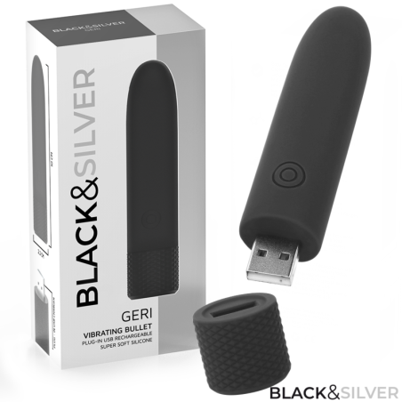 BLACK SILVER GERI BALA VIBRADORA RECARGABLE POR USB 8 VIBRACIONES NEGRO 10 X 22 CM