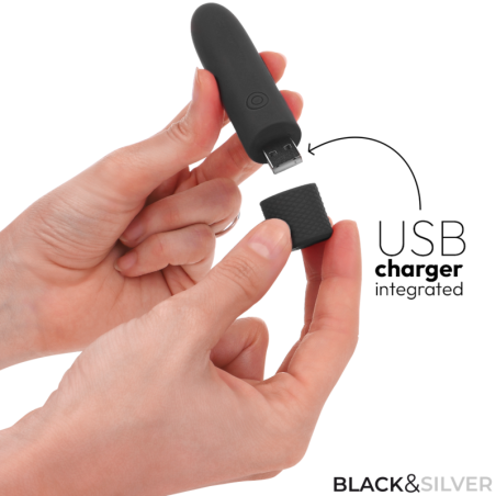BLACK SILVER GERI BALA VIBRADORA RECARGABLE POR USB 8 VIBRACIONES NEGRO 10 X 22 CM