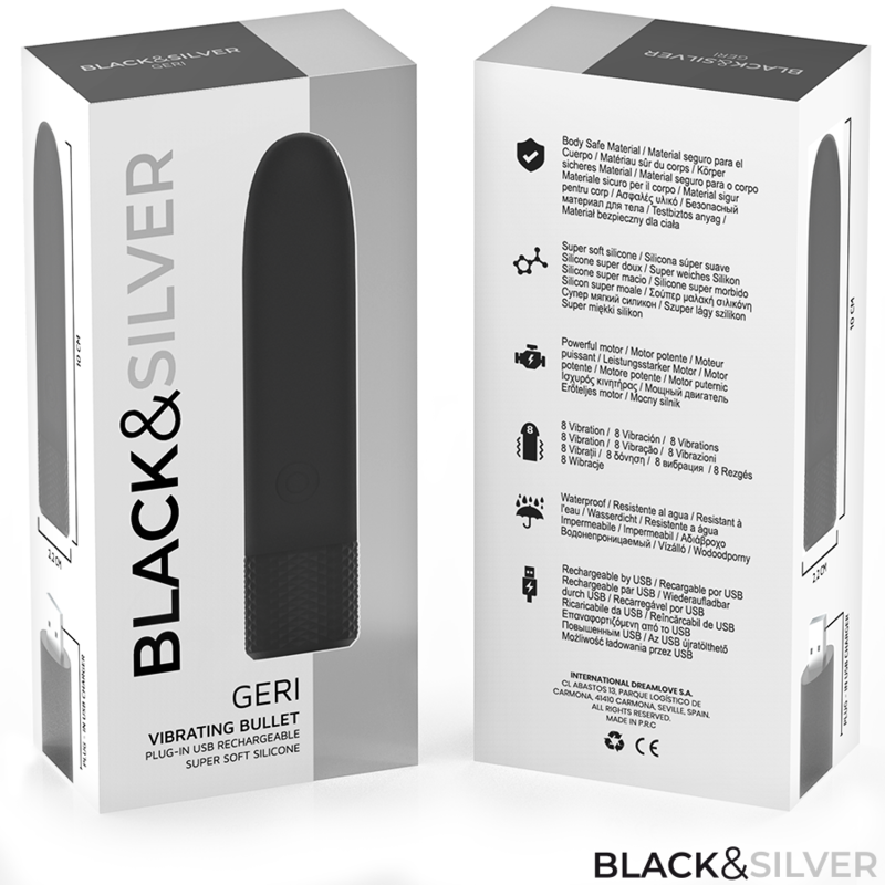 BLACK SILVER GERI BALA VIBRADORA RECARGABLE POR USB 8 VIBRACIONES NEGRO 10 X 22 CM