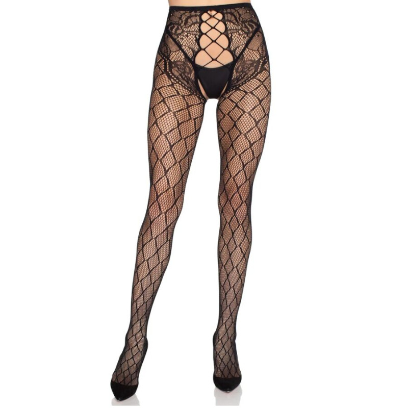 LEG AVENUE 1966 MEDIAS DE RED CON PANTY SIN ENTREPIERNA NEGRO TALLA UNICA
