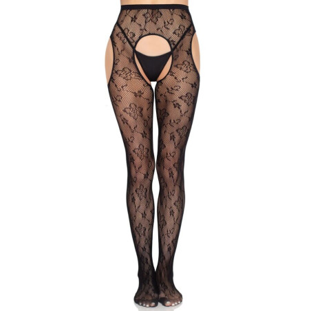 LEG AVENUE 1967 MEDIAS DE LIGUERO CON RED DE FLORES NEGRO TALLA UNICA